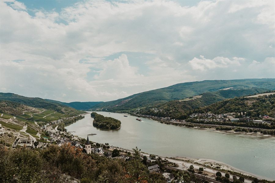 The Rhine flowing past vineyards and a wooded island near Rudesheim under a cloudy sky